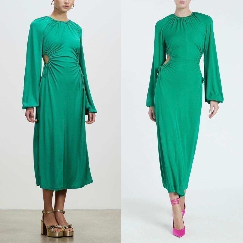 REBECCA VALLANCE 70s Ruched Tie Waist Cutout Long Bell Sleeve Disco Midi Dress 8 - Picture 7 of 15